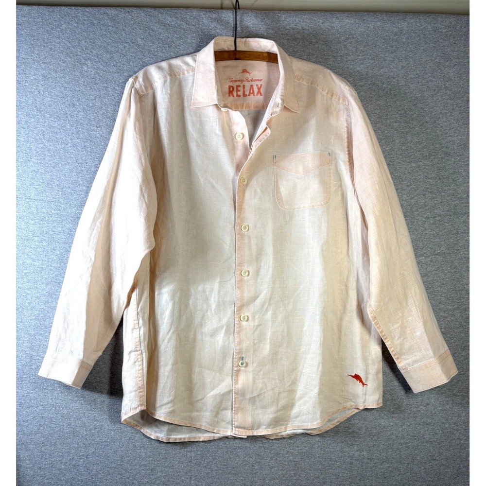 Tommy Bahama Relax Mens Medium Peach 100% Linen Long Sleeve Button Up Shirt